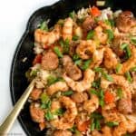 New Orleans-style Shrimp Fried Rice in a cast iron skillet