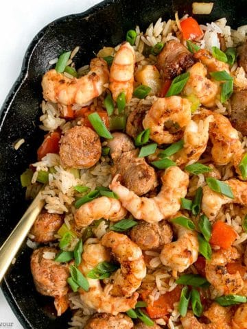 New Orleans-style Shrimp Fried Rice in a cast iron skillet