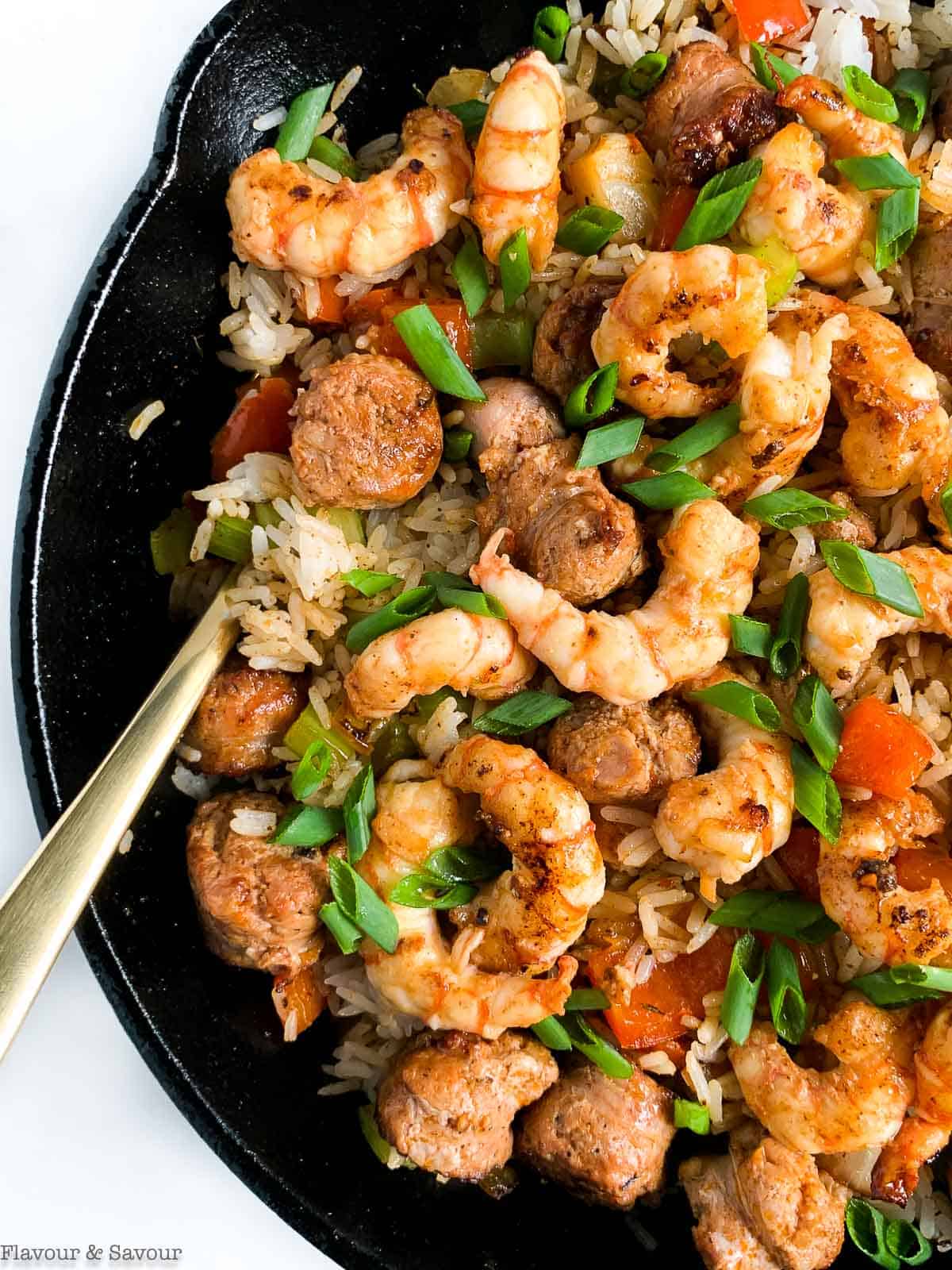 Close up view of Cajun Shrimp Fried Rice in a skillet