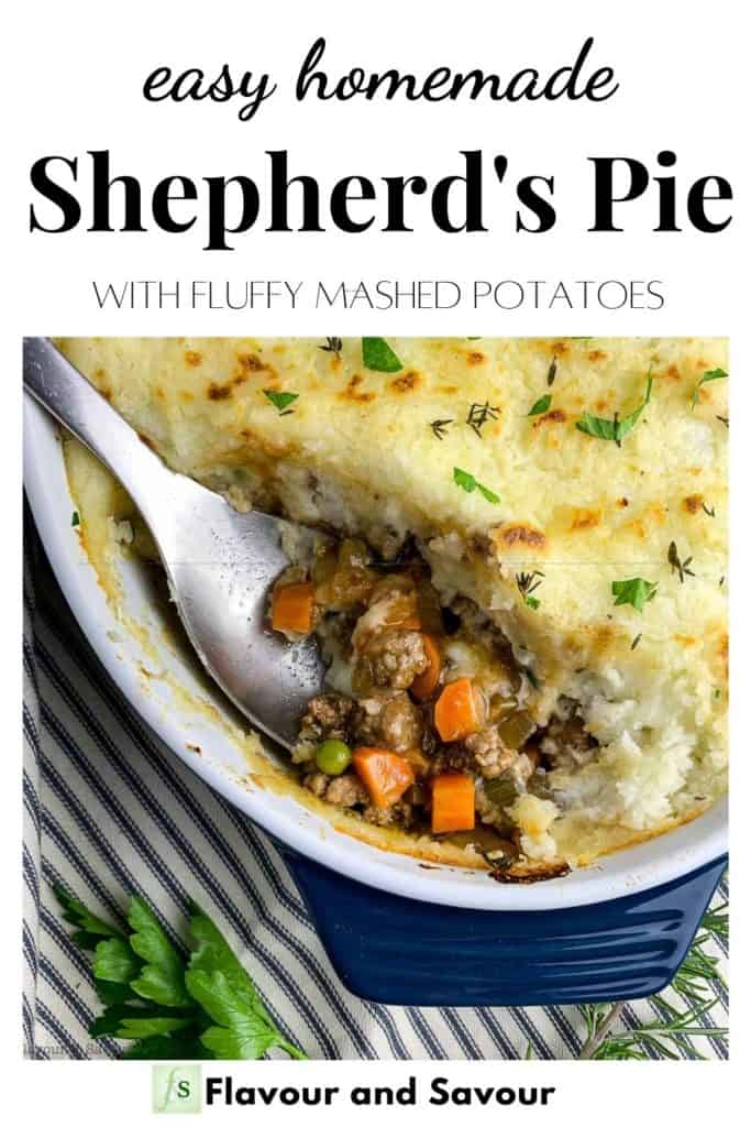 Image with text for Easy Homemade Shepherd's Pie with fluffy mashed potatoes