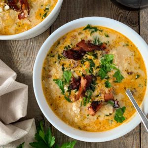 Overhead image of a bowl of Instant Pot Tuscan Soup