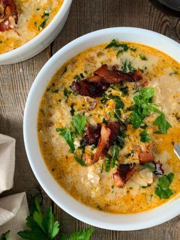 Overhead image of a bowl of Instant Pot Tuscan Soup