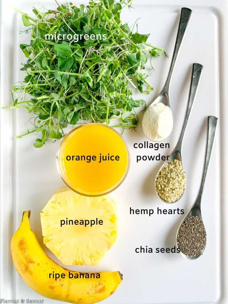 Ingredients for green smoothie with labels