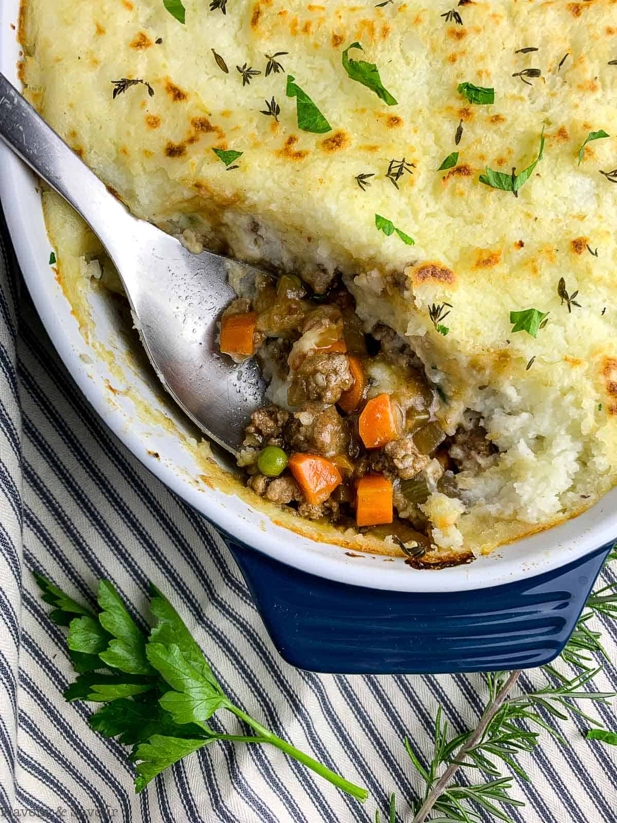 Close up image of the layers of homemade Shepherd's Pie