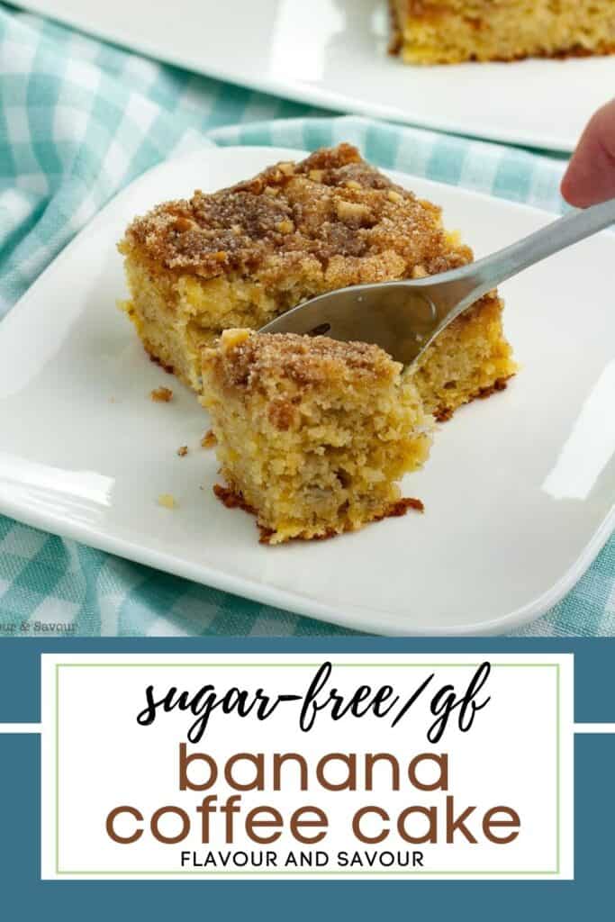 image with text for sugar-free gluten-free banana coffee cake with streusel topping