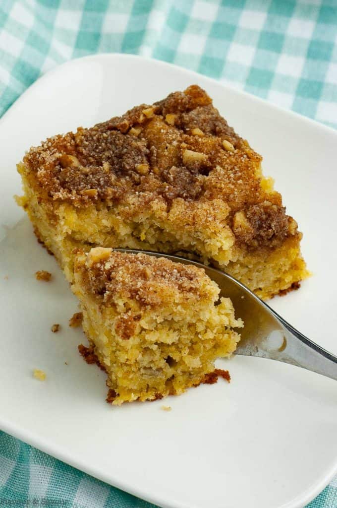 close up view of a piece of Grain-Free Banana Coffee Cake with a fork