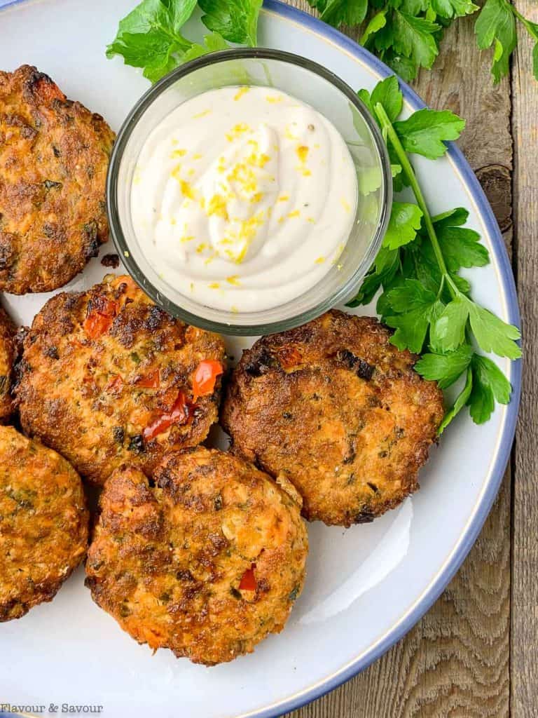 Overhead view of Air Fryer Salmon cakes