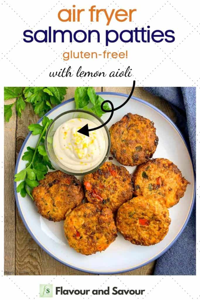 Text with image for air fryer salmon patties with lemon aioli dip