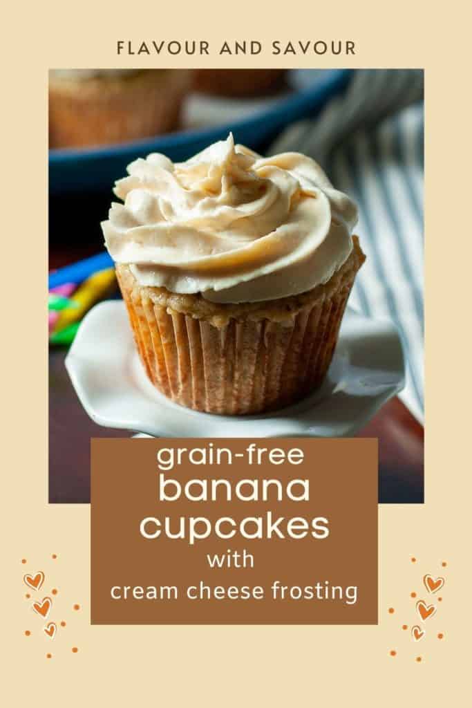Image with text overlay for almond flour banana cupcakes