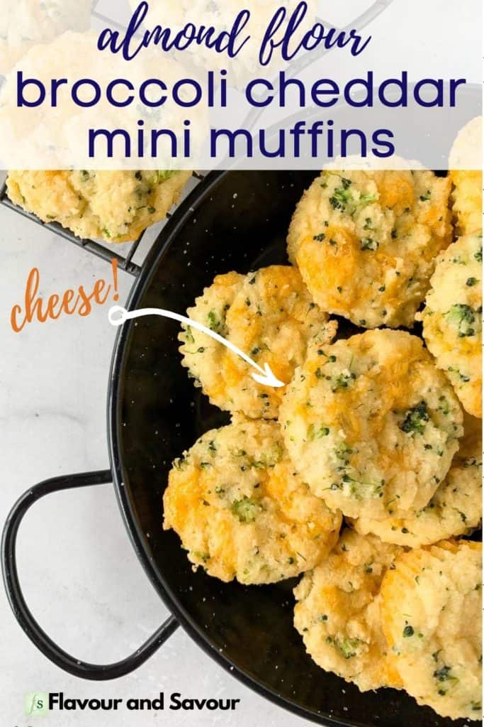 Image with text overlay for Almond Flour Broccoli Cheddar Mini Muffins