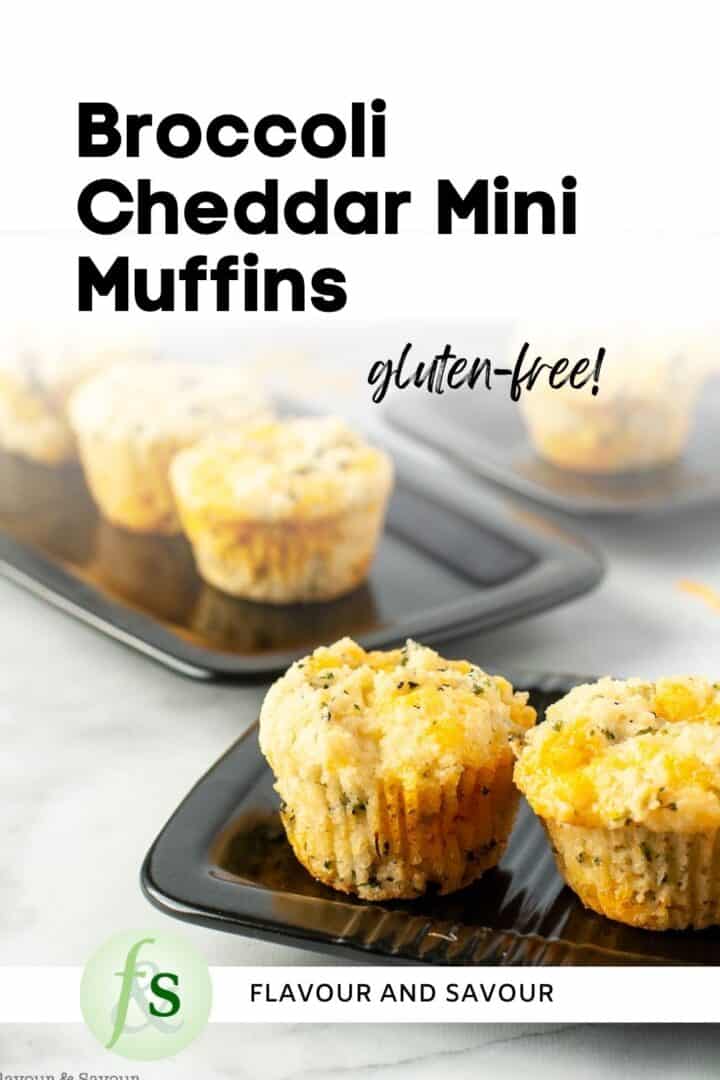 Image with text overlay for mini broccoli cheddar muffins.