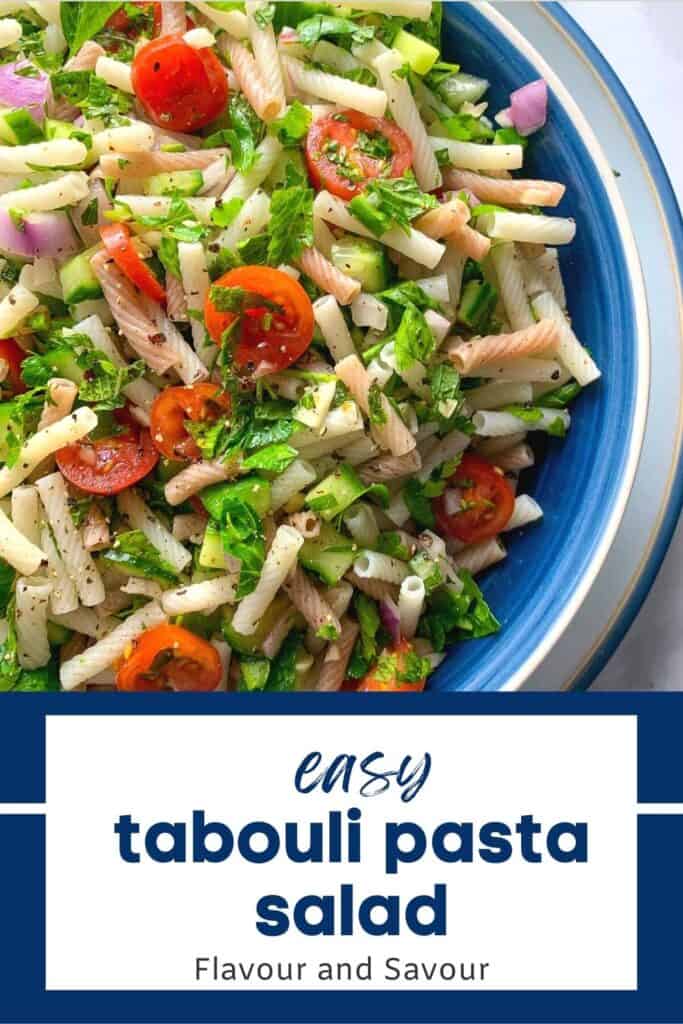 image with text for easy Tabouli Pasta Salad