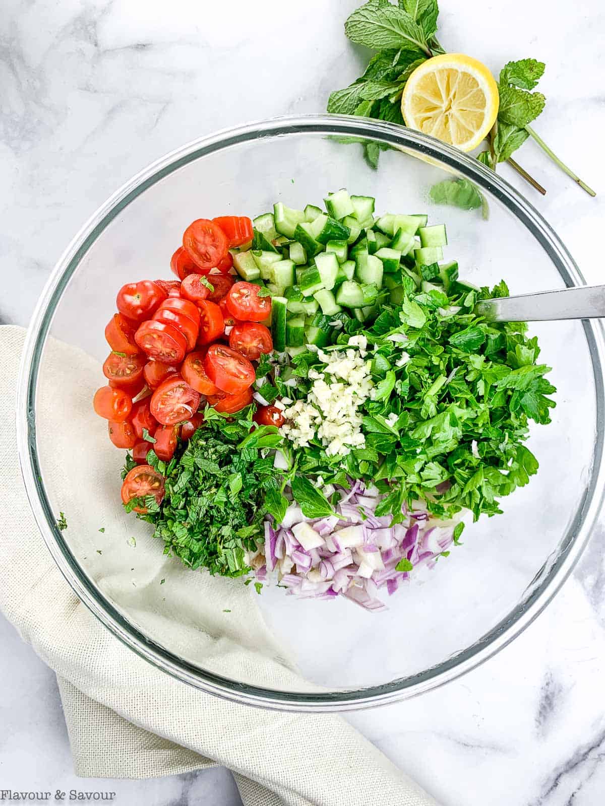 Ingredients for Tabouli Pasta Salad.