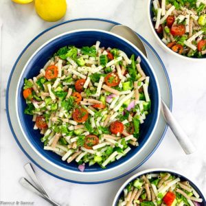 Overhead view of a bowl of Tabouli Pasta Salad