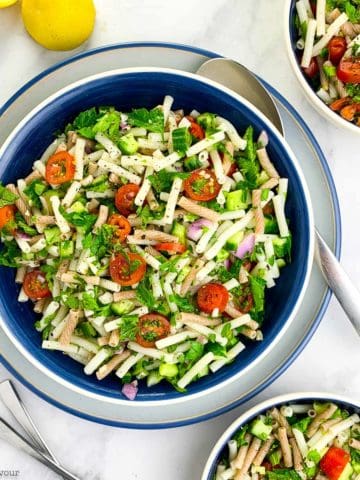 Overhead view of a bowl of Tabouli Pasta Salad