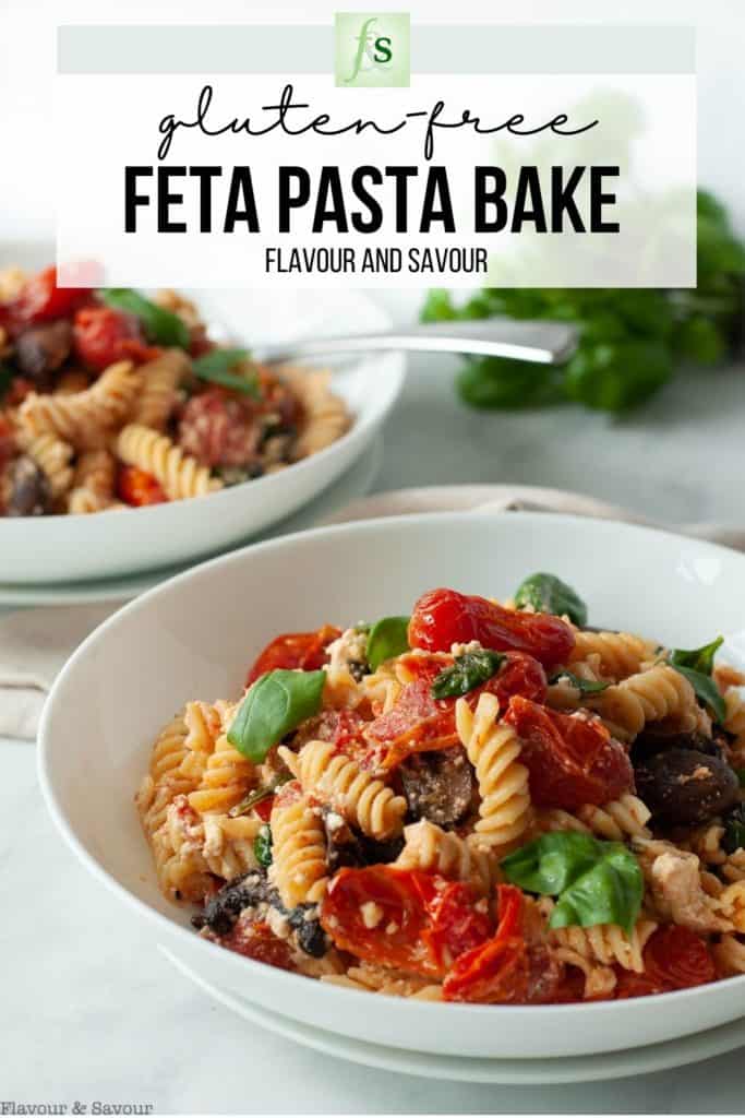 Image and text for gluten-free feta tomato pasta bake