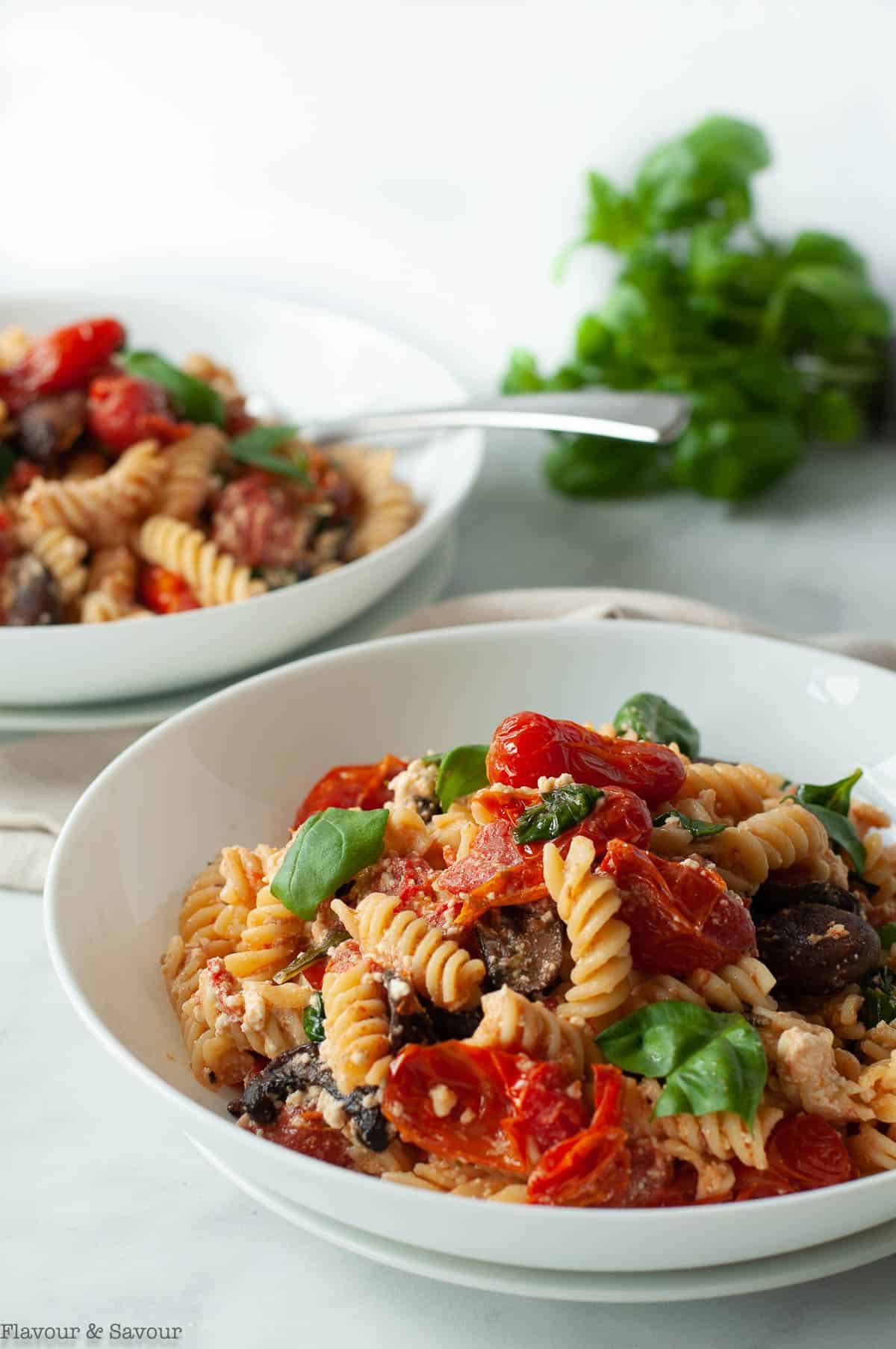 Gluten-free Feta Tomato Pasta Bake in bowls