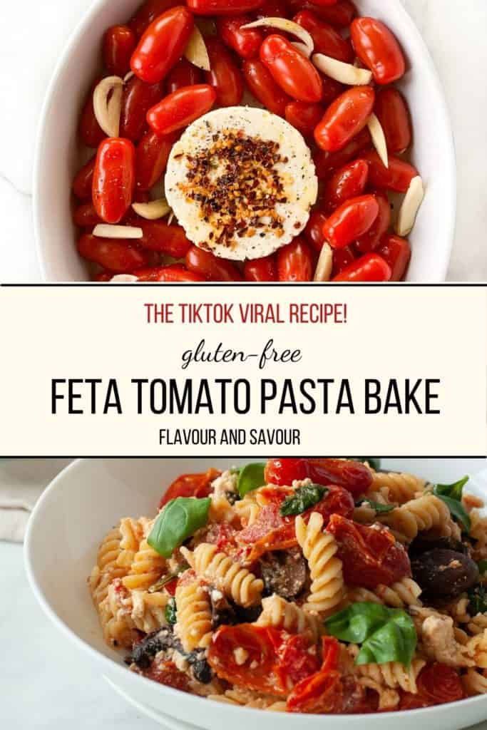 Gluten-free Feta Tomato Pasta Bake images with text