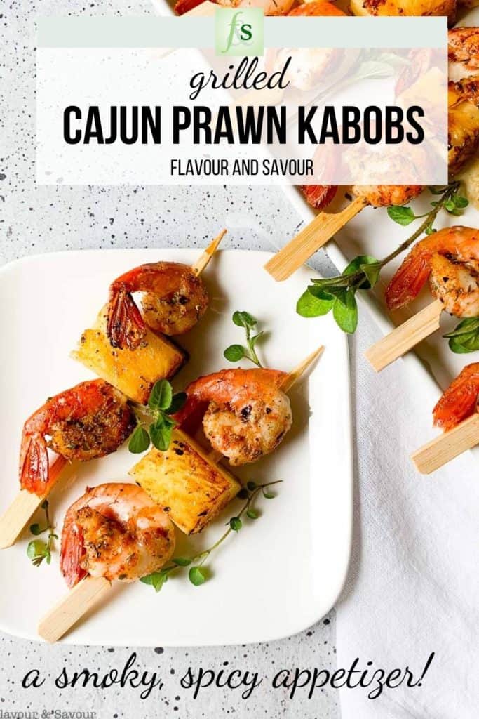 Image with text overlay for Grilled Cajun Prawn Kabobs