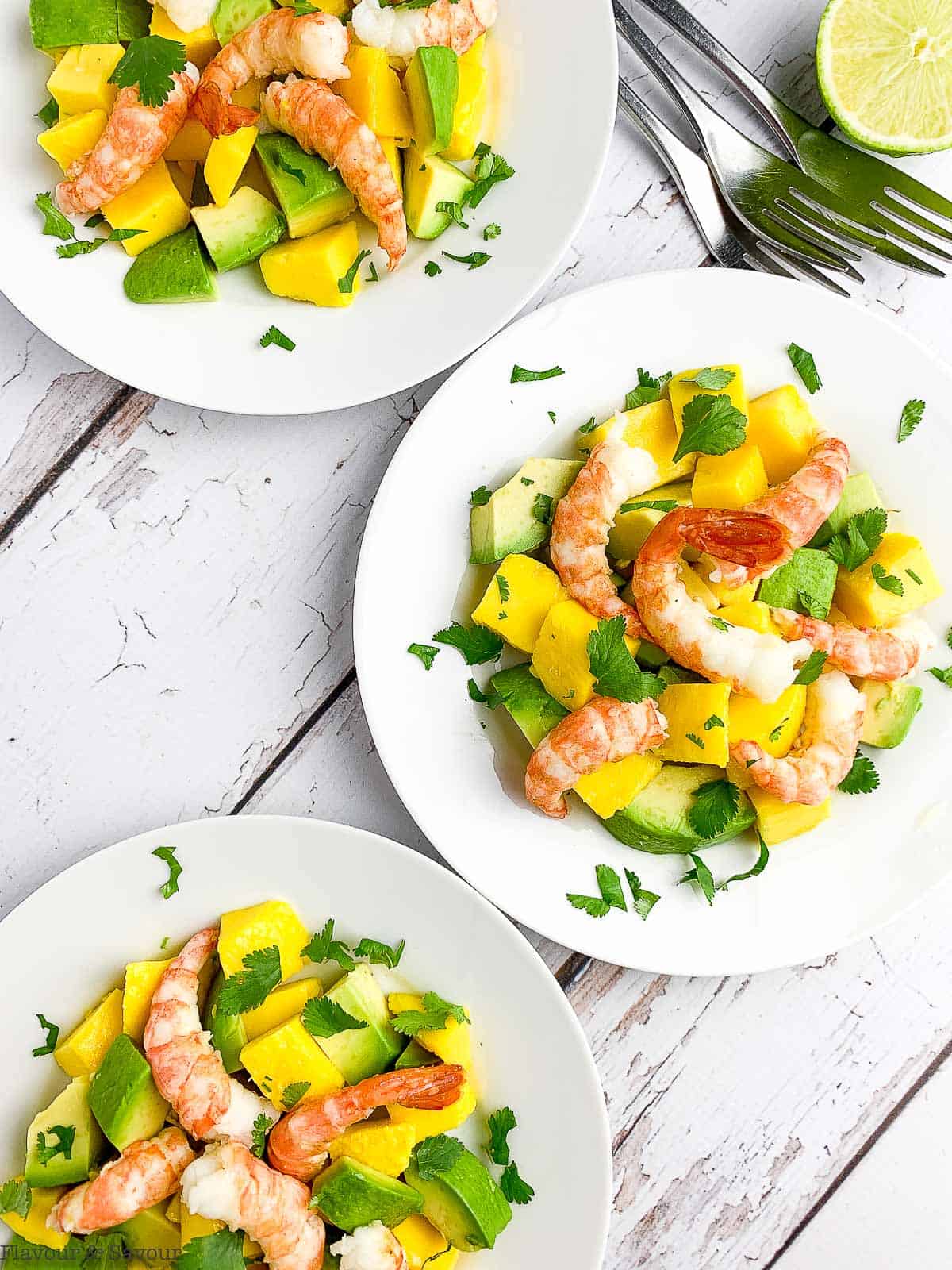 Three plates of prawn salad with mangoes and avocados.