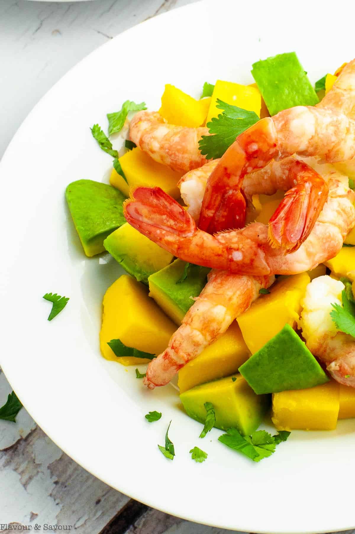 Close up view of a plate filled prawns, mangoes and avocado cubes