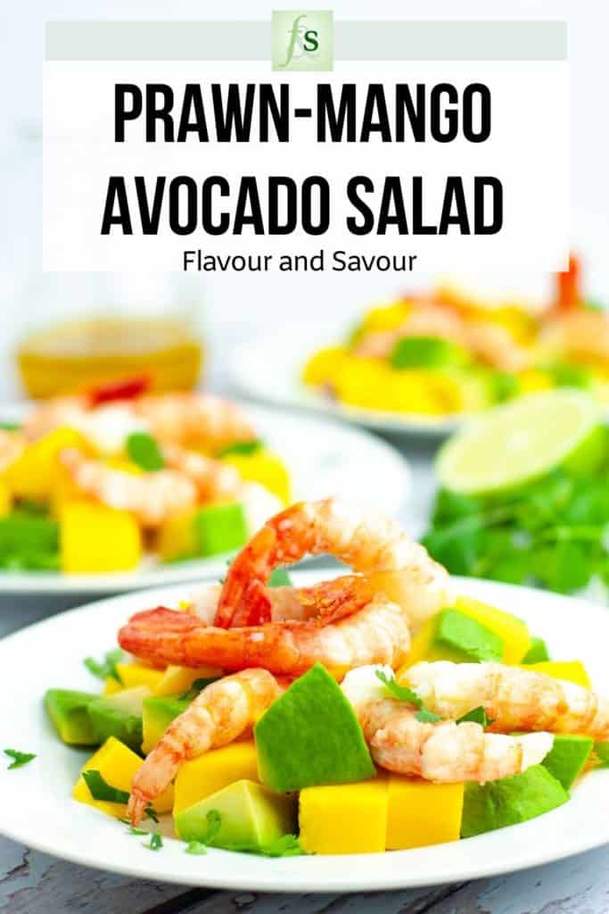 Image with text overlay for Prawn Mango Avocado Salad