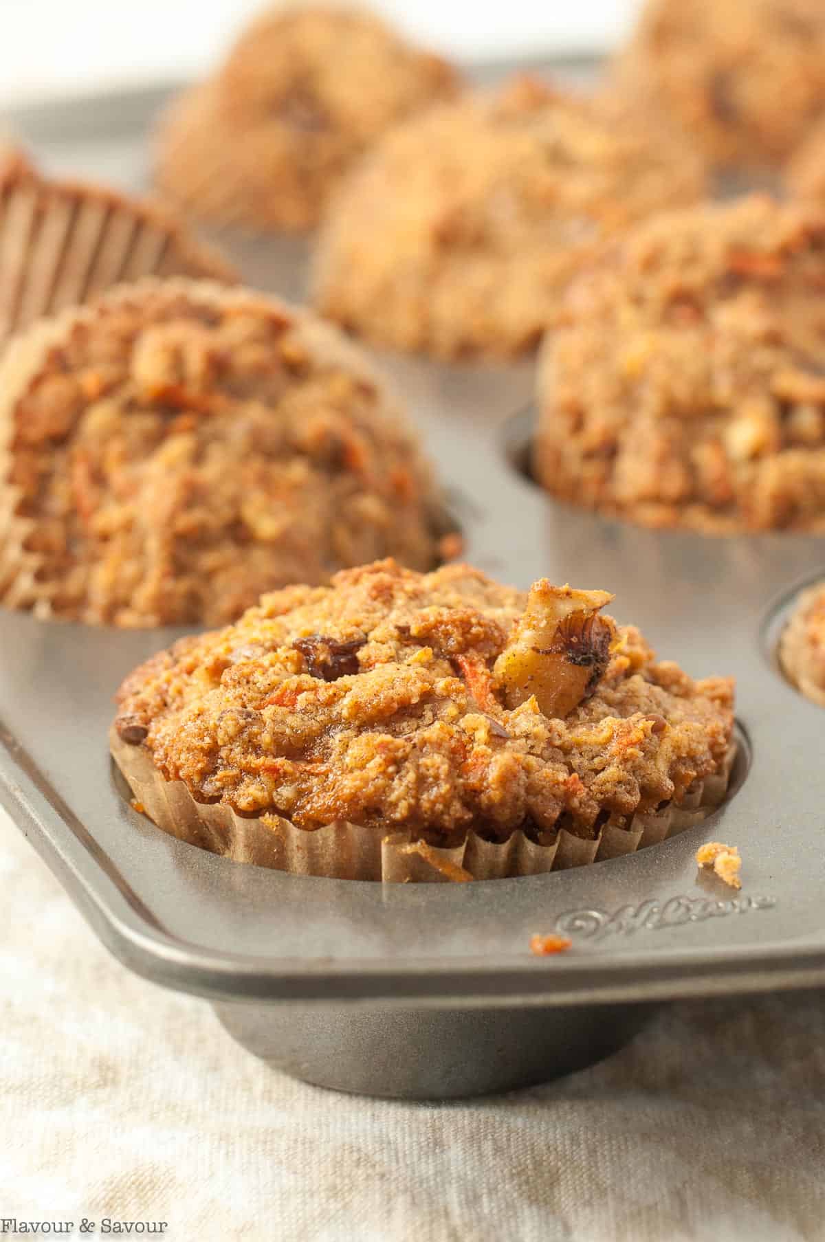 Close up view of a Sunshine Muffin in a muffin tin