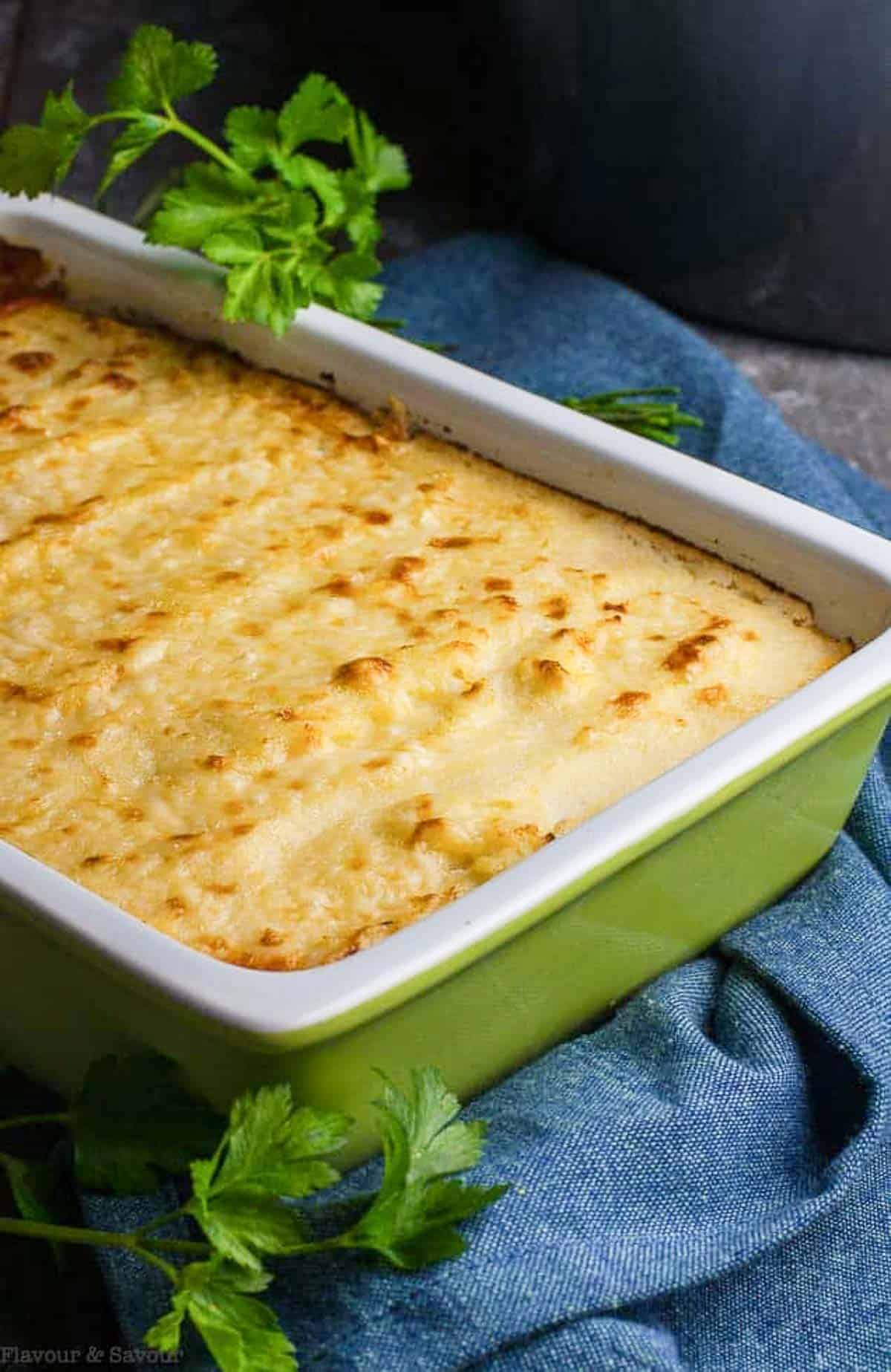 Shepherds pie in a casserole dish.