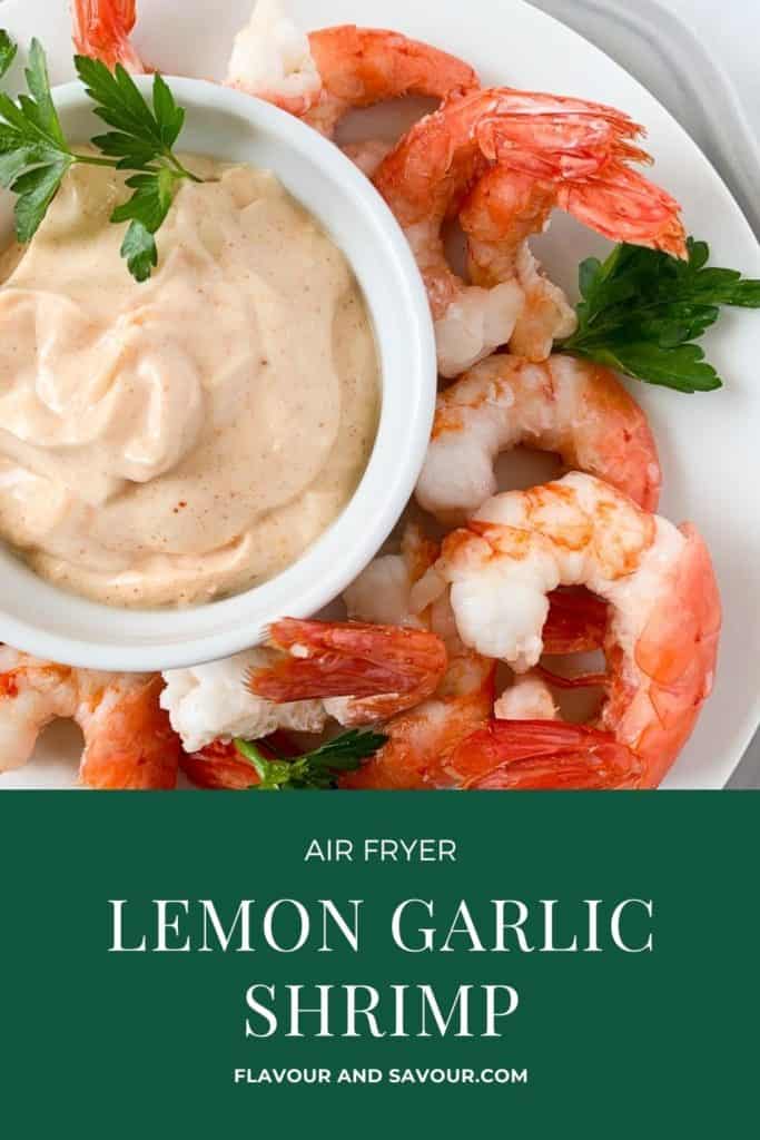 Image and text overlay for Air Fryer Lemon Garlic Shrimp