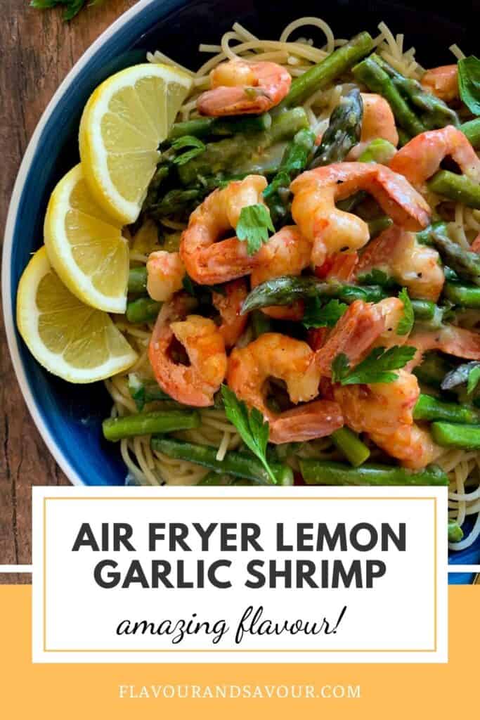 text and image for air fryer lemon garlic shrimp