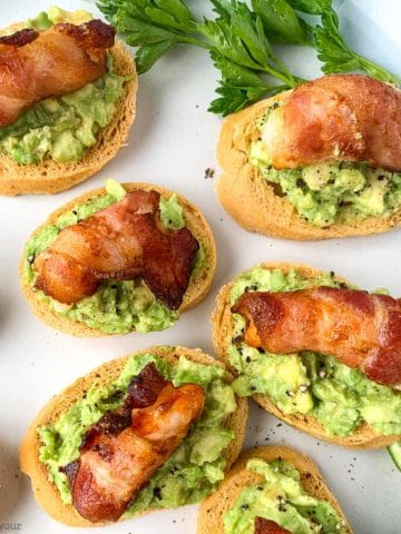 Air Fryer Bacon Wrapped Shrimp Tapas on avocado toast