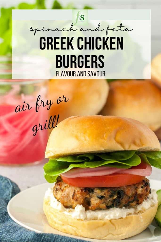 Text and image for Greek Chicken Burgers with Spinach and Feta