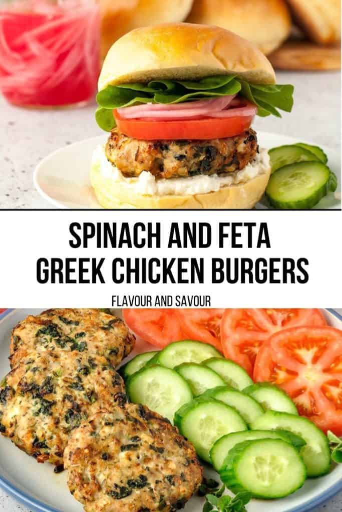 two images with text for Spinach and Feta Greek Chicken Burgers