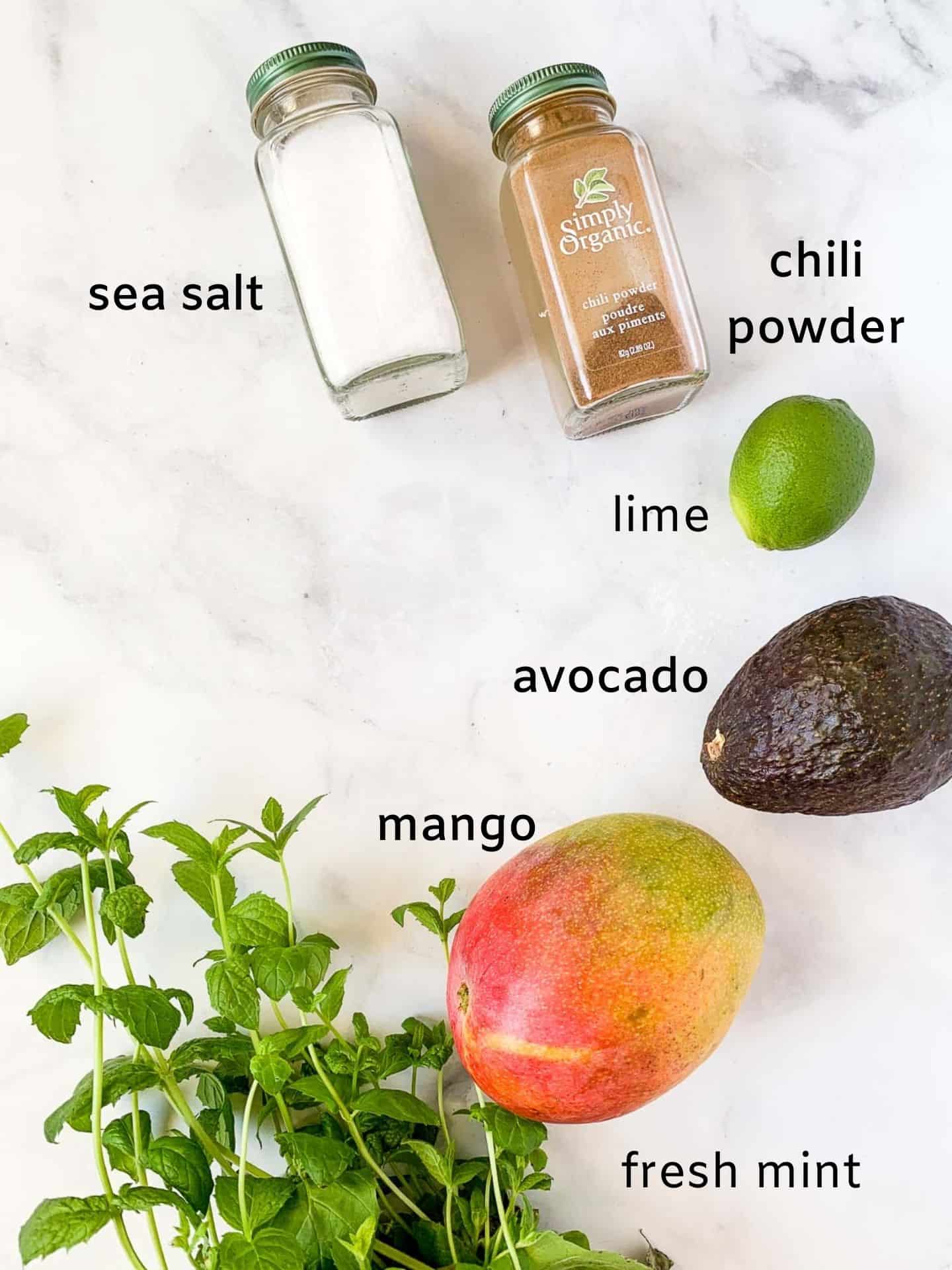 Labeled ingredients for Mango Avocado Chili Lime Salad