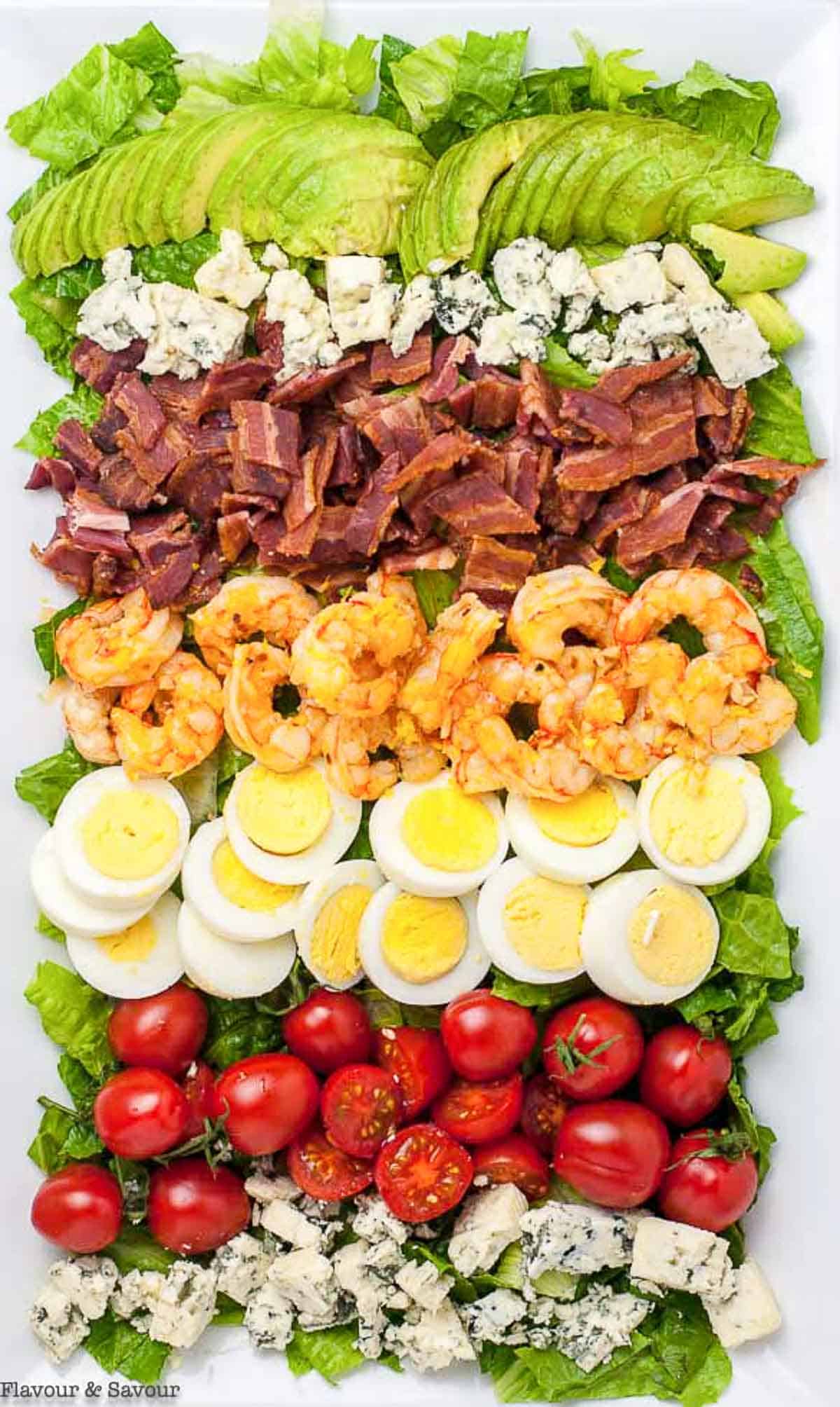 Overhead view of Shrimp Cobb Salad showing rows of ingredients