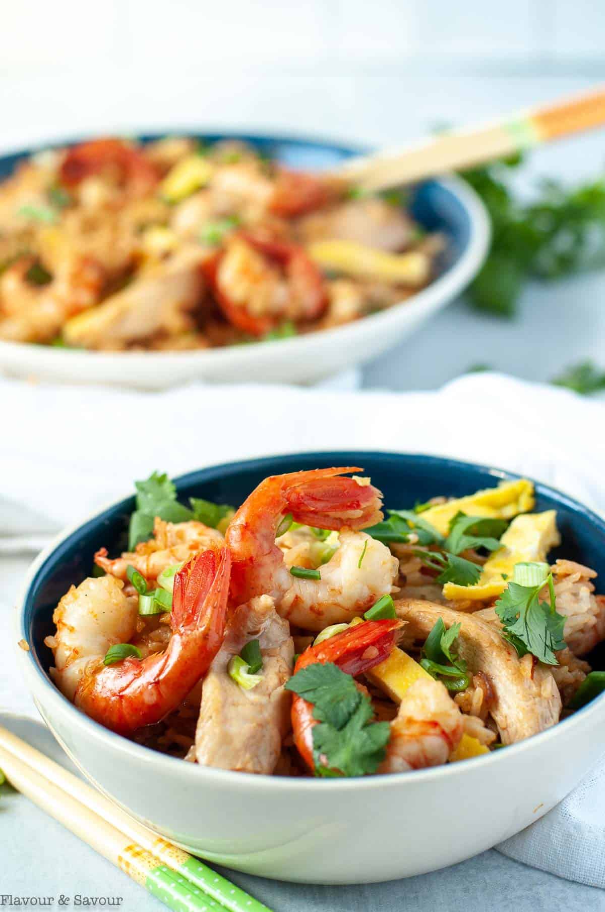 Close up side view of a bowl of nasi goreng, showing fresh shrimp with tails intact and chicken strips on a bed of rice.