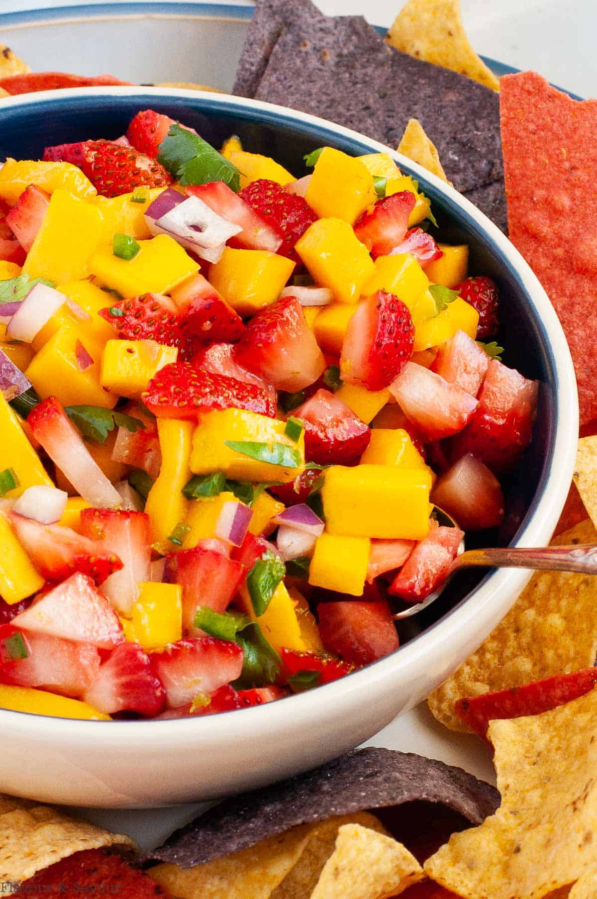close up view of a bowl of strawberry mango salsa