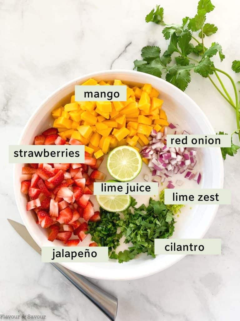 Ingredients for Strawberry Mango Salsa labeled