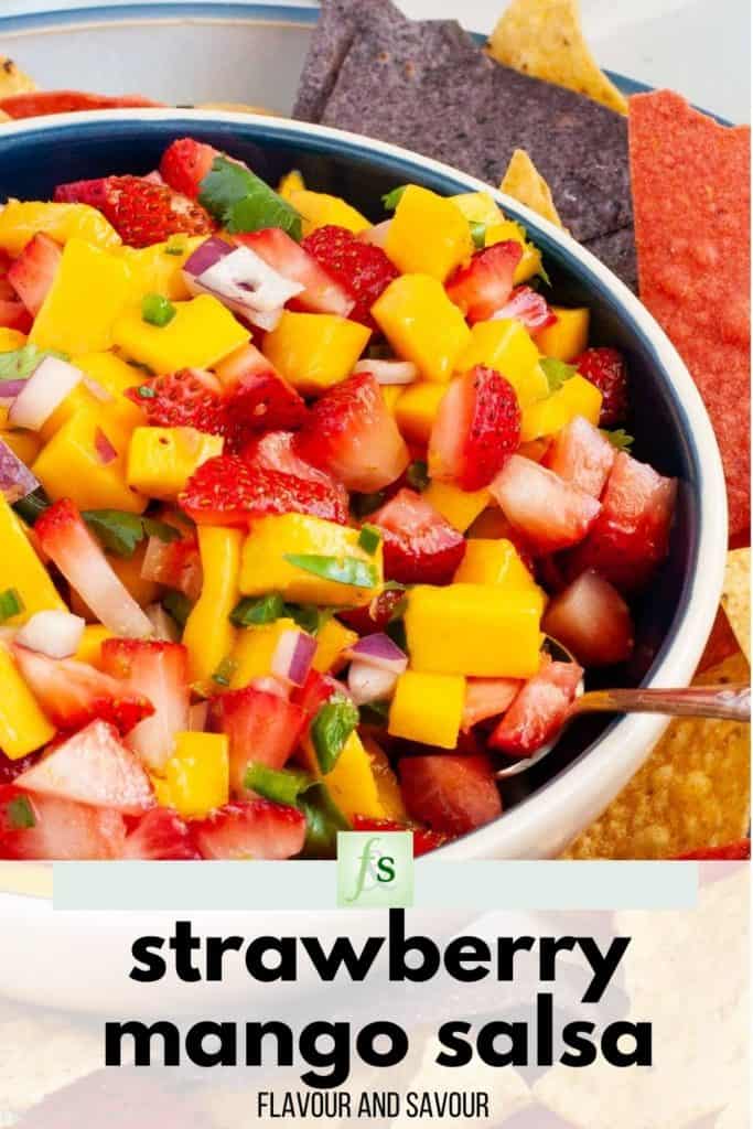 Image with text overlay for Strawberry Mango Salsa