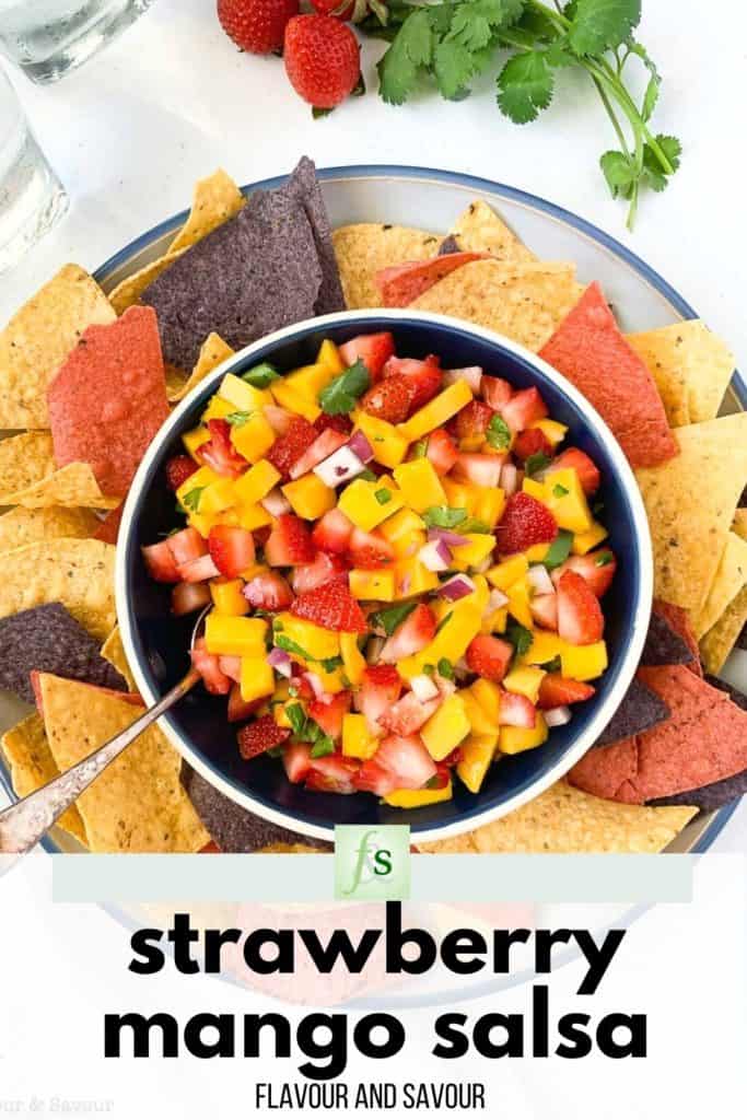 Image and text overlay for Strawberry Mango Salsa