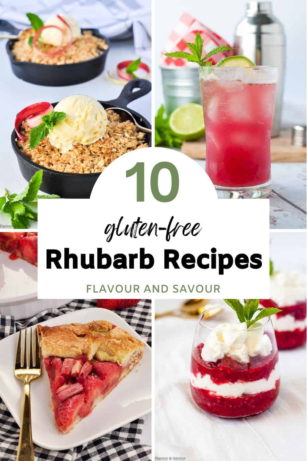 A collage of images with text overlay for 10 gluten-free rhubarb recipes.