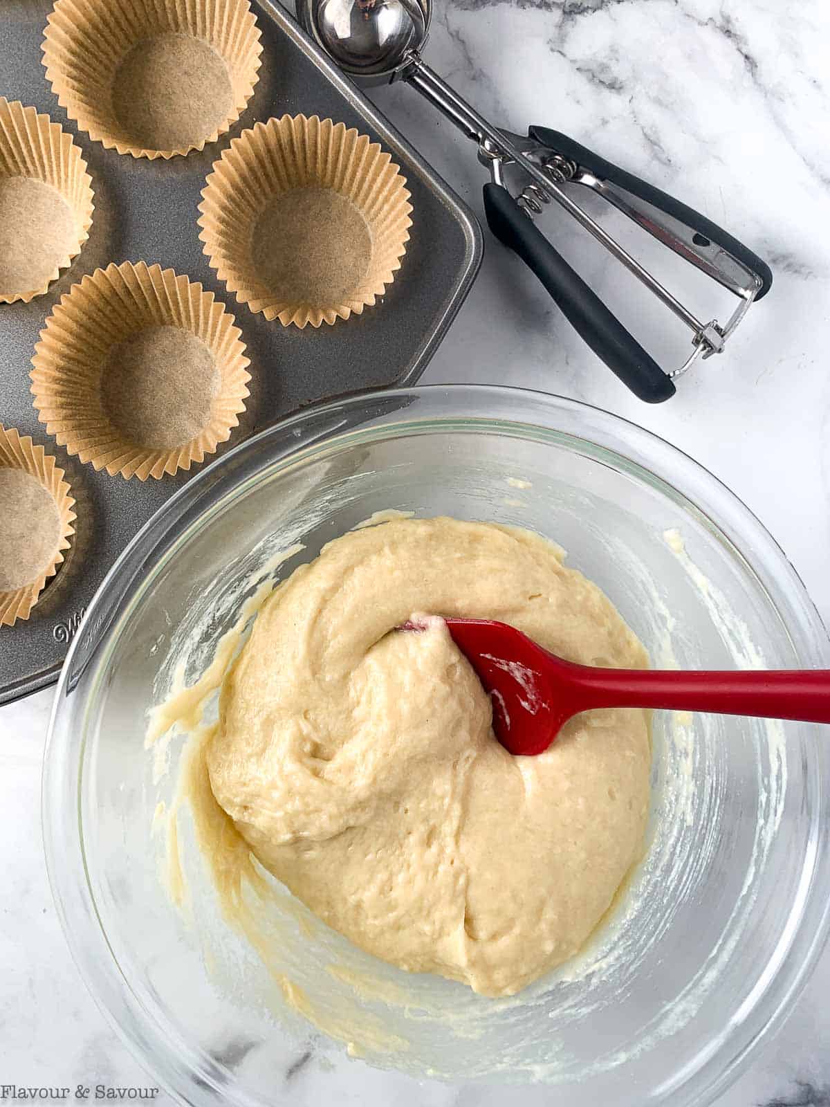 Stirring batter for Strawberry Shortcake