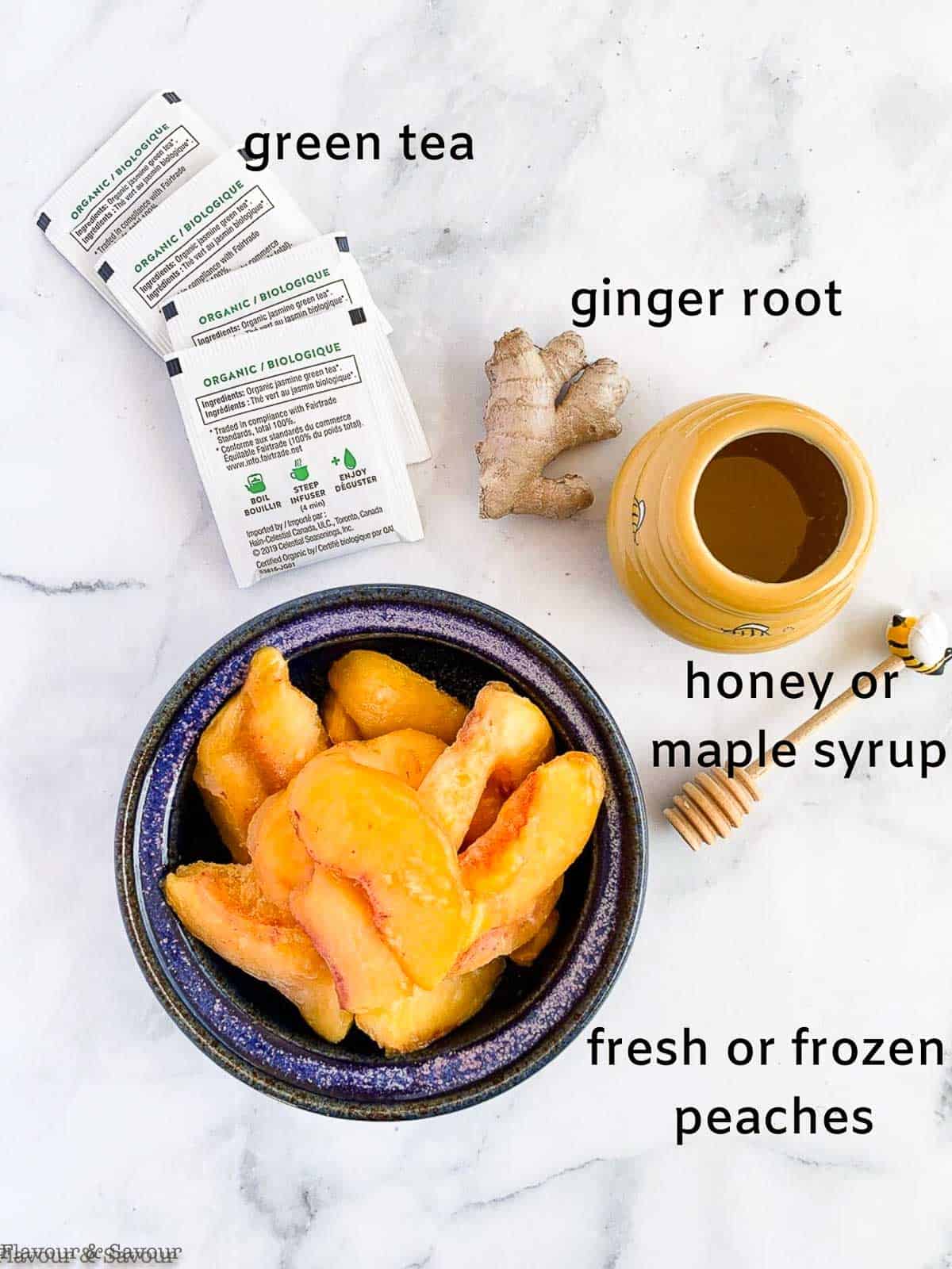 Labeled ingredients for Peach Ginger Iced Green Tea: green tea, ginger root, honey or maple syrup, peaches.