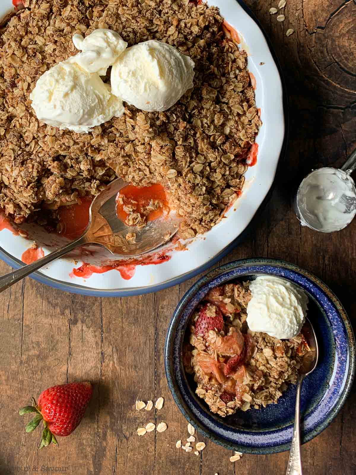 Gluten-free Strawberry Rhubarb Crisp with ice cream.