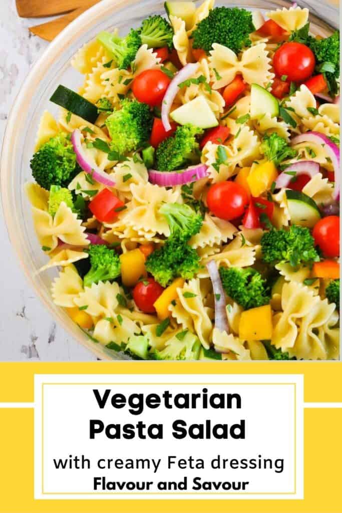 image with text for vegetarian pasta salad.