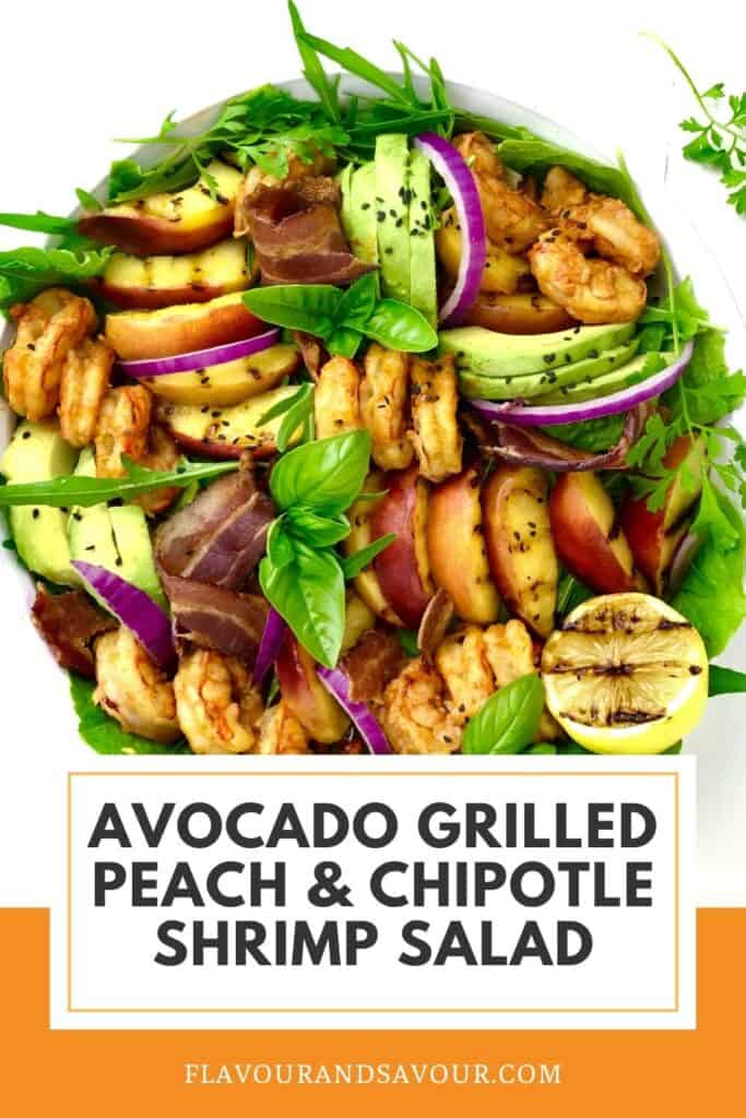 text and image for avocado grilled peach shrimp salad