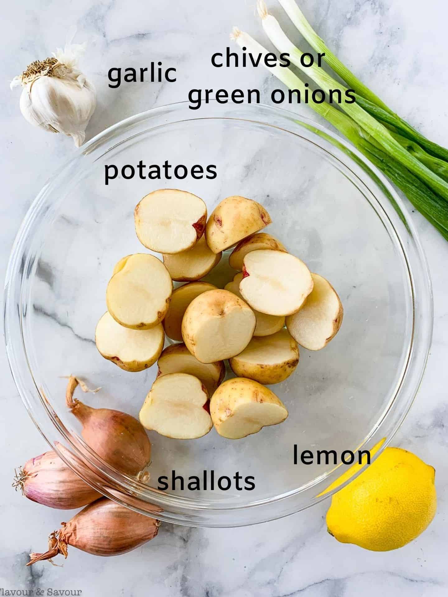 Labelled ingredients for lemon garlic potato kabobs.