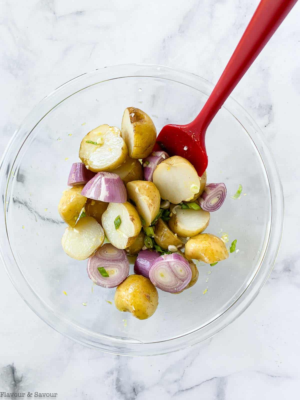 Potatoes tossed in a lemon garlic marinade.