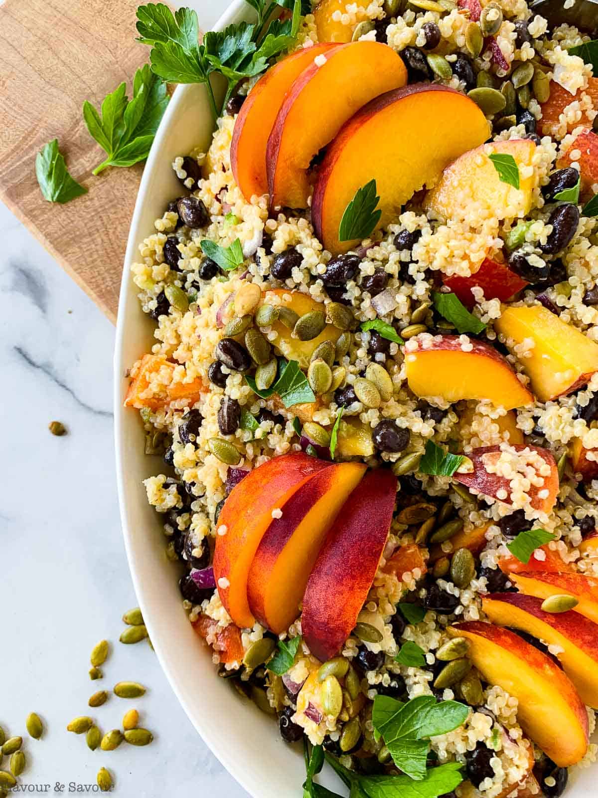 Close up view of Quinoa Black Bean Salad with Peaches