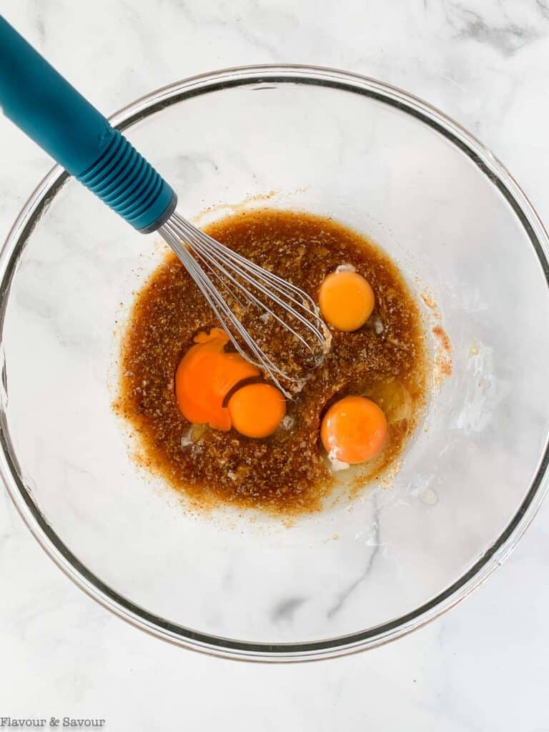 Add eggs to wet ingredients.